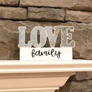 Family Love white galvanized shelf table sitter handcrafted sign decor